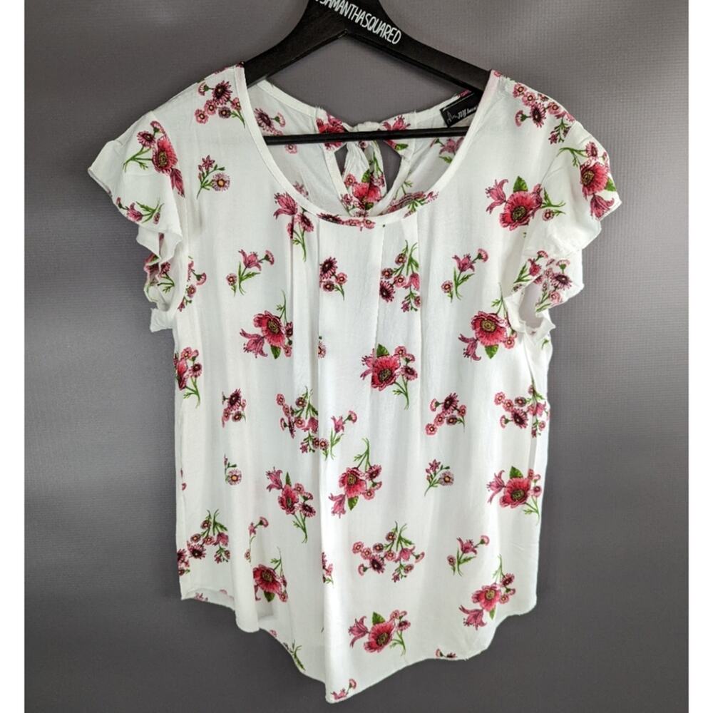 NY Invasion Floral Flutter Sleeve Blouse Sz Large